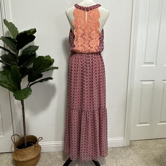 Luxology Women's Flowy Mandala Boho Lace Back Key Hole Tier Maxi Dress Size 10 - Picture 1 of 13